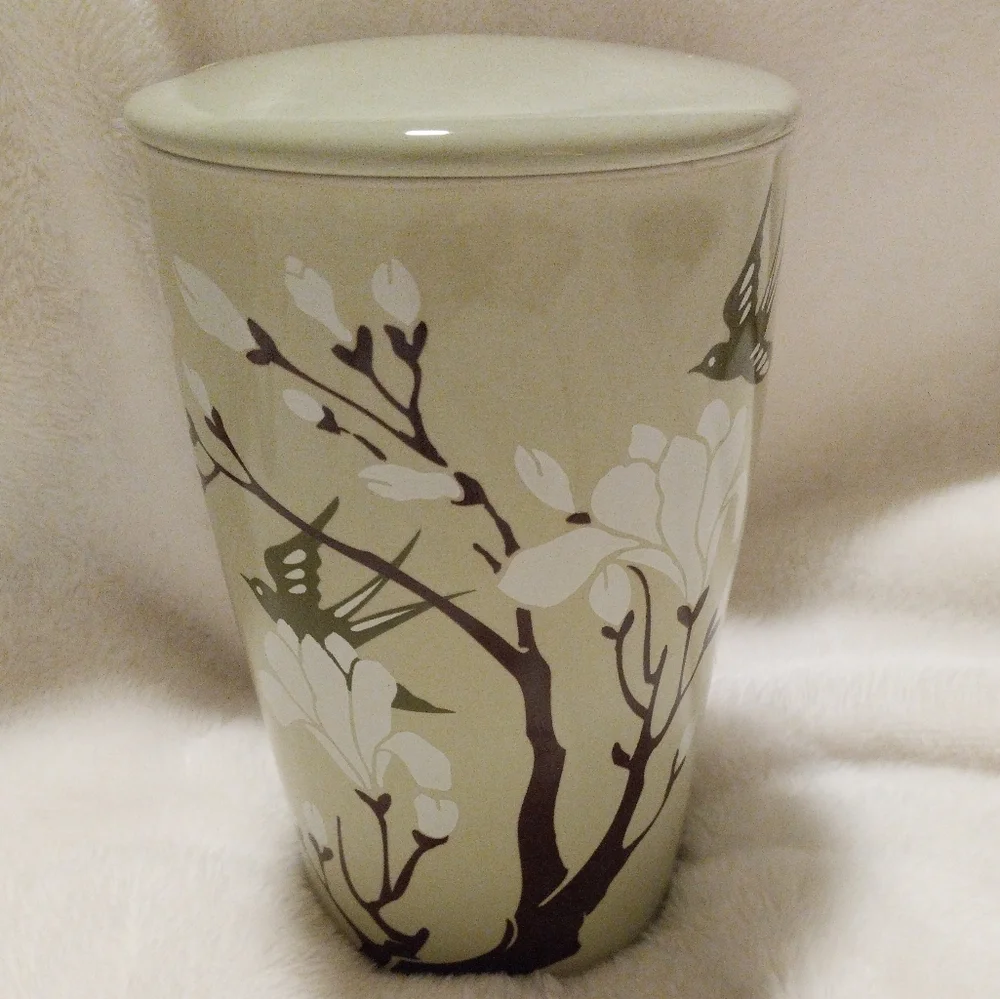 Teaforte Ceramic Green Sparrow Motif Tea Mug with Lid